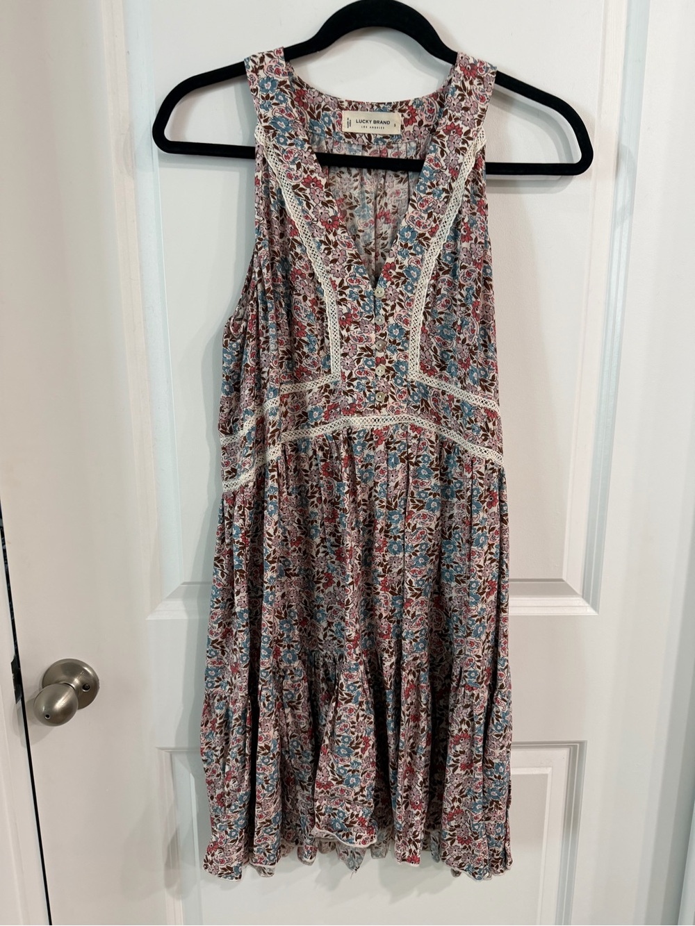 Lucky Brand Floral Crochet-Trim Mini Dress in Blue and Red